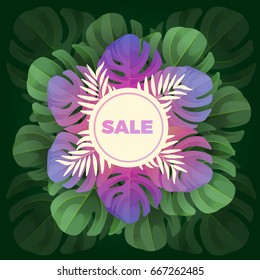 Sale text in white circle on background of leaves in realistic design vector illustration. Summer poster with tropical branches, discounts concept