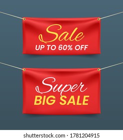 Sale Textile Banners with Folds with Ropes on White Background . Isolated Vector Elements 