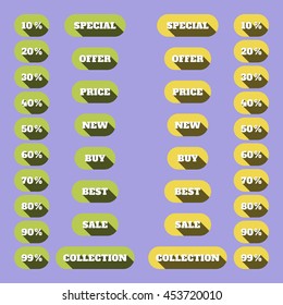 sale theme web banner set. Sale icons set in green and yellow colors. Vector illustration. flat design with long shadows.
