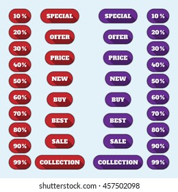 sale theme web banner set. Sale icons set in red and violet colors. Vector illustration. flat design with long shadows.