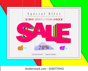 Sale, this weekend special offer banner, up to 70% off. Vector illustration.