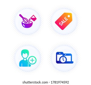 Sale ticket, Add person and Cooking whisk icons simple set. Button with halftone dots. Time management sign. Discount coupon, Edit user data, Cutlery. Laptop device. Business set. Vector