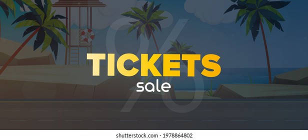 Sale of tickets banner. Sandy beach with palm trees. Vector illustration.