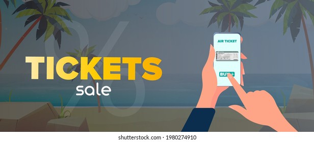 Sale of tickets banner. Sandy beach with palm trees. Vector 