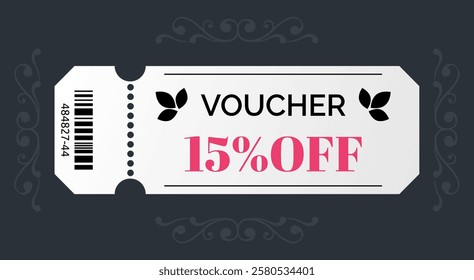 Sale tickets. Discount voucher. Shopping cardboard coupon with barcode and separation line. Gift card. Lottery raffle. Special offer promotion. Vector present guarantee certificate design template