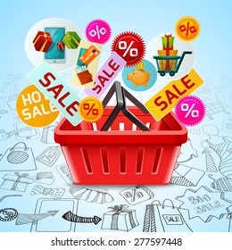 Sale time concept with shopping basket and internet store doodle symbols vector illustration