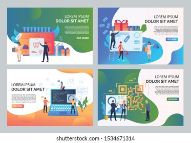 Sale time illustration set. People doing shopping, buying at sale, analyzing QR code. Business concept. Vector illustration for landing pages, presentation slide templates