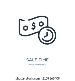 icono de línea delgada en tiempo de venta. hora, comprar iconos lineales del concepto de interfaz de usuario signo de contorno aislado. Elemento de símbolo de ilustración vectorial para diseño web y aplicaciones.