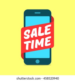 Sale time - vector concept. Modern phone and red tape isolated on background