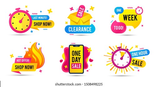 Sale timer badges. Last minute banner, one day sales and hot offer stickers. Clearance sale promotions, best deal badge, happy hours promo icon. One week to go countdown. Vector icons set