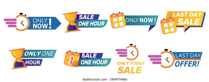 Sale Timer Badges. Last Minute Banner, One Day Sales And Hot Offer Stickers. Clearance Sale Promotions, Best Deal Badge, Happy Hours Promo Icon.