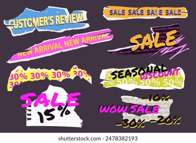 Sale Torn Paper Set. customer rewiew, wow sale, new arrival, seasonal discount. Vector pieces of ripped notebook paper scrap