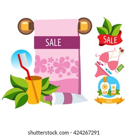 Sale. Towel, cosmetics, swimwear. Colored illustration for design.