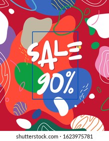 sale trendy banner background. Liquid fluid elements, tropical leaves and flowers. 
