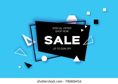 Sale. Trendy Geometric elemets and frame in paper cut style. Discount. For brochure, flyer or presentations design. Simple geometry. Blue background. Vector