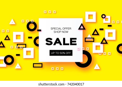 Sale. Trendy Geometric elemets and frame in paper cut style. Discount. For brochure, flyer or presentations design. Simple geometry. Yellow background. Vector