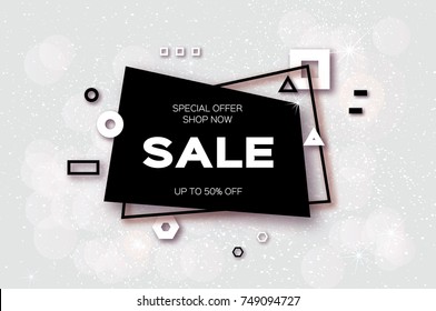 Sale. Trendy Geometric elemets and frame in paper cut style. Discount. For brochure, flyer or presentations design. Grey background. Vector