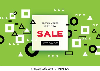 Sale. Trendy Geometric elemets and square frame for text. Discount. For brochure, flyer or presentations design. Simple geometry. Green background. Vector
