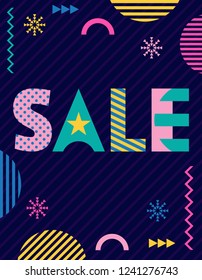 SALE. Trendy geometric font in memphis style of 80s-90s. Abstract geometric shapes and text on striped dark blue background