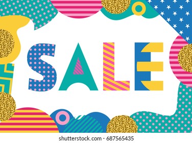 SALE. Trendy geometric font in memphis style of 80s-90s. Rectangular frame from abstract geometric elements 
