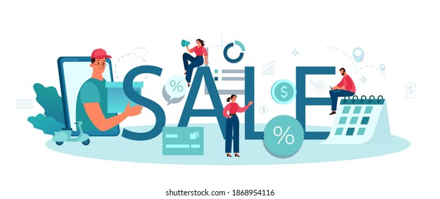 Sale typographic header. Business planning and development. Sales promotion and stimulation for comercial profit. Flat vector illustration