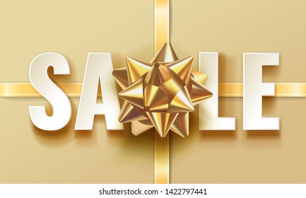 Sale typographic inscription with a gold shiny bow and crisscross gold ribbons for gifts on sand color background. Realistic vector stock design for shop and sale banners, grand opening, party flyer