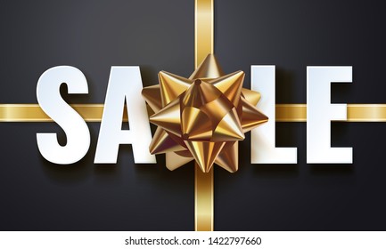 Sale typographic inscription with a gold shiny bow and crisscross gold ribbons for gifts on black background. Realistic vector stock design for shop and sale banners, grand opening, party flyer