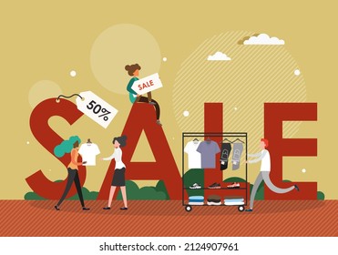 Sale typography banner template. People shopping, sale word, vector illustration. Offers and discounts, commerce.