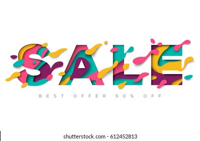 Sale typography design with abstract flowing shapes isolated on white background. Vector illustration. Colorful trendy element for business event
