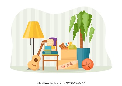 Sale of unnecessary things, textiles, toys, guitar, ball, houseplant. Sale of unnecessary things or belongings before moving. Garage sale, second hand shop, flea market concept cartoon vector