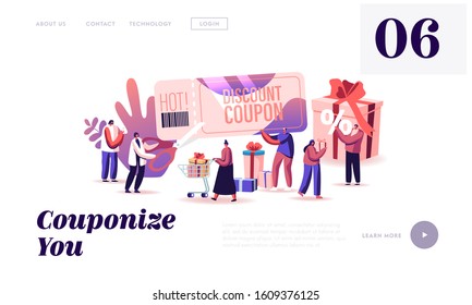 Sale and Using Discount Coupon Website Landing Page. Happy People Shopping Recreation, Buying Presents for Holidays, Consumerism Price Off Promo Web Page Banner. Cartoon Flat Vector Illustration