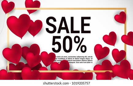 Sale with Valentine hearts abstract composition with 3D hearts and bantings. illustration. Love Lettering calligraphy in a heart shape.