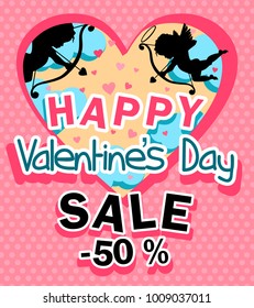 sale Valentine's day with Cupids, clouds and hearts