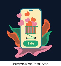 sale for valentines day, hearts in a basket on the phone screen