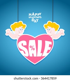 Sale Valentines day. Little angel is holding  heart with Text. Funny cute Cupid. Banner for store sales. Lute discounts