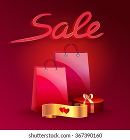 Sale of Valentine's Day. Shopping bags with gifts. Below is a gold ribbon.