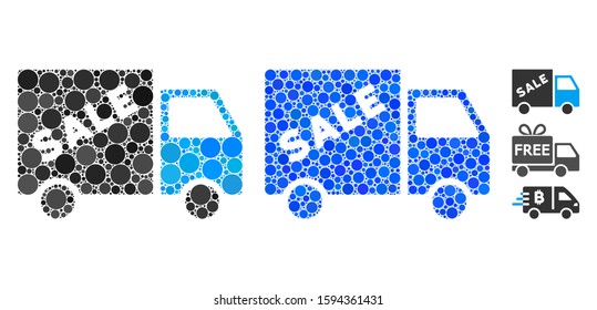 Sale van composition of spheric dots in different sizes and color tones, based on sale van icon. Vector round dots are organized into blue composition. Dotted sale van icon in usual and blue versions.