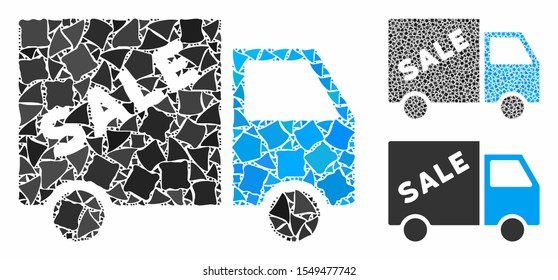 Sale van mosaic of trembly elements in different sizes and color hues, based on sale van icon. Vector inequal parts are united into mosaic. Sale van icons collage with dotted pattern.