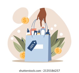 Sale Of Various Cosmetics. Womans Hand Holds Bag Of Creams. Beauty And Skin Care. Promotion Poster And Banner, Shopping And Discounts. Offer For Regular Customers. Cartoon Flat Vector Illustration