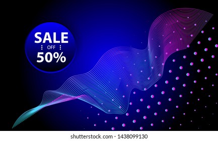 Sale vector background with bright light planets and stars cosmos banner with neon