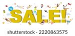 Sale vector background. Shop discount poster template. Banner offer special price for shopping. Flying people customer over huge lettering and gift bonus box. Marketing and promotion