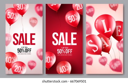 Sale vector balloons poster set. Collections of flying balloons with 50 percent off in different backgrounds for store events and promotions. Vector illustration.

