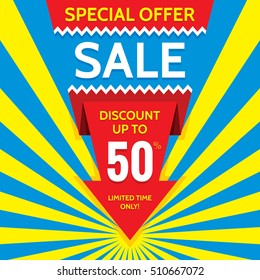 Sale vector banner design - discount up to 50%. Special offer origami layout. Limited time only! Abstract poster background. Flyer sticker.