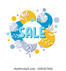 Sale vector banner design with flowers and circles for business. Holiday discount. Store advertising element. Trendy template. Vintage pattern concept.