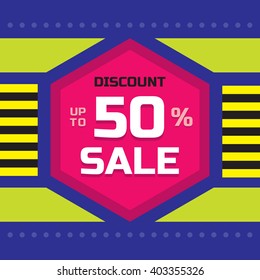 Sale vector banner with hexagon shape - discount up to 50%. Abstract background. Layout sticker.