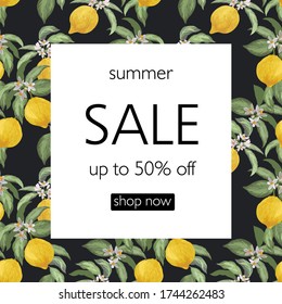 Sale vector banner with lemons. Template for advertising discount design.