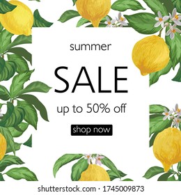 Sale vector banner with lemons. Template for advertising discount design.