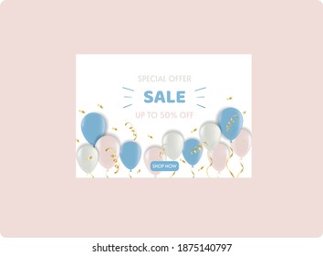 Sale vector banner in pastel colours with balloons and confetti.