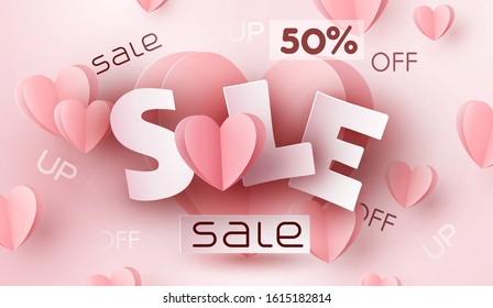 Sale vector banner with pink hearts. Special offer poster background. Vector paper love template for Mother's, Valentine's Day sale discount promotion.
