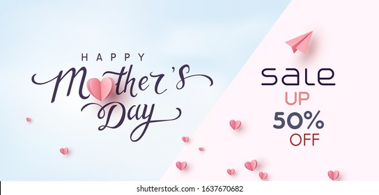 Sale vector banner with pink paper hearts. Special offer poster background. Vector Mother's Day sale discount promotion.
